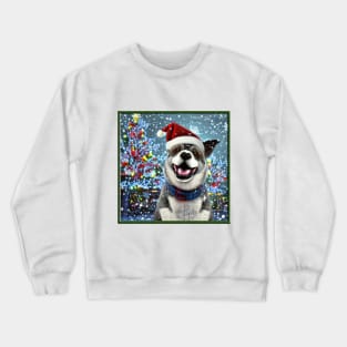 Happy anime christmas dog with tree Crewneck Sweatshirt